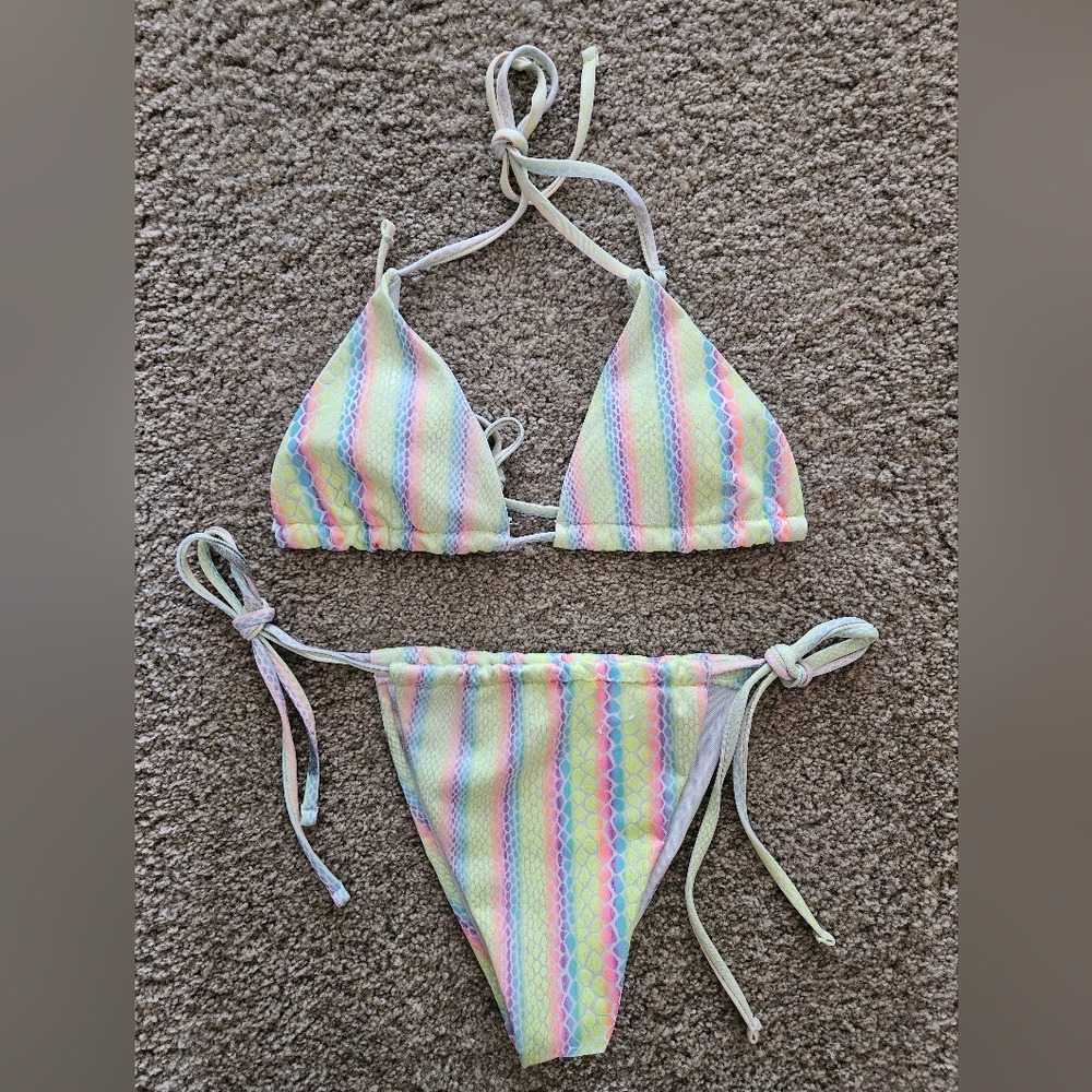 NWOTs Neon Rainbow Snakeskin Printed Triangle Tie-Side Bikini Set